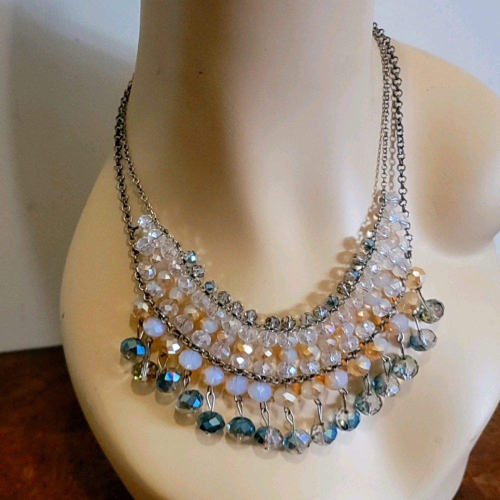 Blue and iridescent beaded necklace